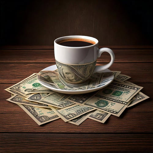 Firefly Coffee and money dollar bills pile on wooden table 8x11 image leaving room for flyer text 55